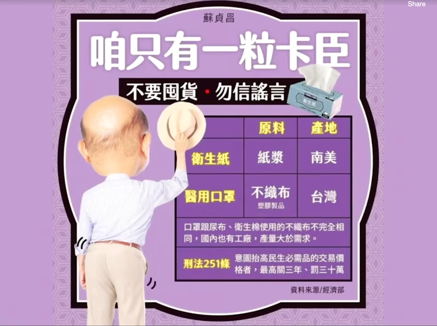 “We only have one pair of buttocks” meme from Taiwanese Premier Su Tseng-chang.
