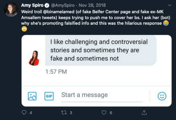 Figure 6: Amy Spiro, a journalist for The Jerusalem Post, calls out one of the network’s persona who attempted to share a near identical copy of a Harvard Belfer Center website.