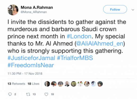 Figure 5: Tweet of persona “Mona A. Rahman” reaching out to known Saudi critic Ali Al Ahmed.