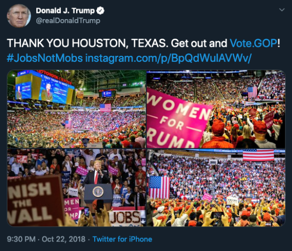 Donald Trump's tweet thanking Houston and urging people to vote Republican, while using the hashtag #JobsNotMobs. Credit: Screenshot by TaSC.