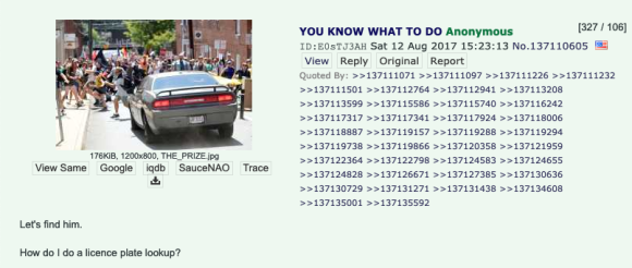 This is a screenshot of a /pol/ thread encouraging investigation of the car attack. Credit: Screenshot by TaSc.