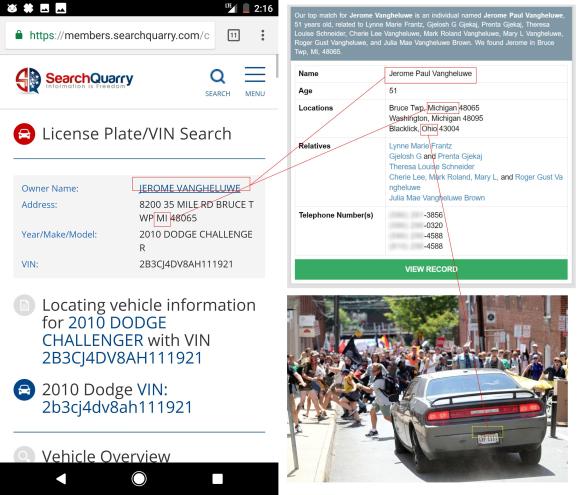 Evidence collage shared on 4chan attempting to identify the owner of the car.