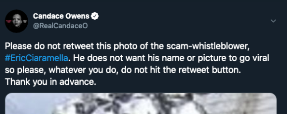 Tweet by Candace Owens of a photo of "C", telling people he was the whistleblower and not to retweet the photo while naming him explicitly in the tweet.