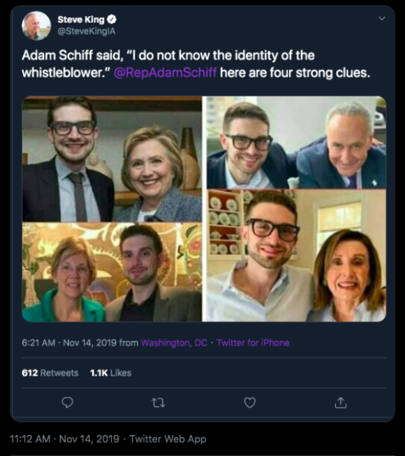 On November 19, Republican congressman Steve King shared an Alexander Soros misidentification collage, commenting, “Adam Schiff  [Democratic congressman] said, I do not know the identity of the whistleblower. @RepAdamSchiff here are four strong clues.” Credit: Screenshot by @IAStartingLine on Twitter.