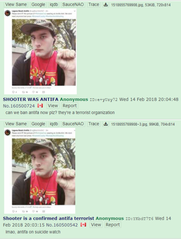 These are multiple /pol/ posts sharing a tweet claiming the shooter was “antifa.” Credit: Screenshot by TaSC.