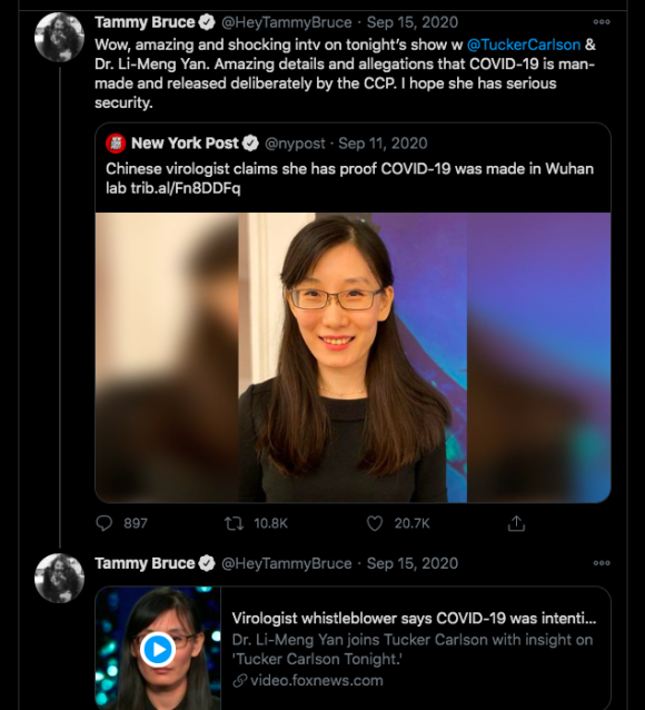 Tweet by Tammy Bruce publicizing Yan’s interview with Tucker Carlson. Screenshot by TaSC.