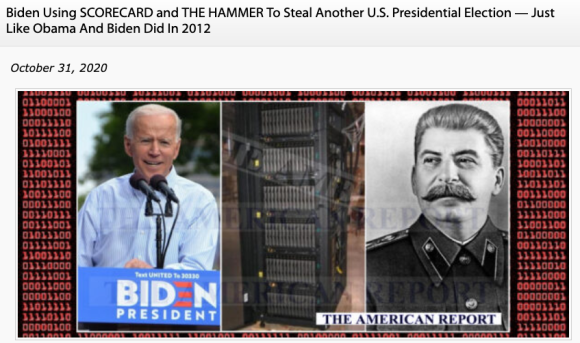 Screenshot of The American Report’s image collage of President Joe Biden, a server, and former Soviet dictator, Joseph Stalin. Credit: TaSC.