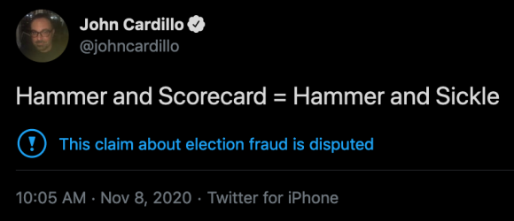 Screenshot of @johncardillo tweet comparing Hammer and Scorecard to Hammer and Sickle (a communist symbol). Credit: TaSC.
