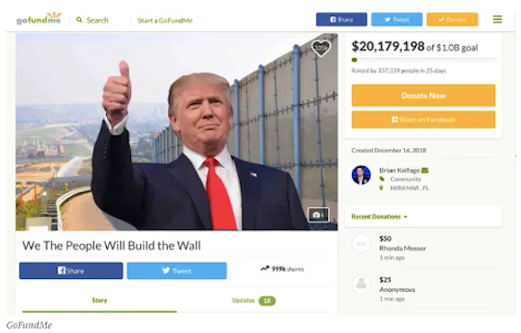 A GoFundMe page for We The People Will Build the Wall. The cover image is of Donald Trump giving a thumbs up photoshopped in front a border wall. 