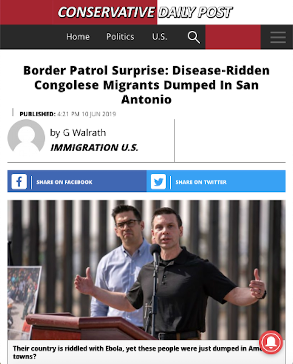 A screenshot of an article from "Conservative Daily Post". The title reads: Border Patrol Surprise: Disease-Ridden Congolese Migrants Dumped in San Antonio