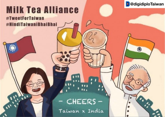 A meme depicting Indian Prime Minister Narendra Modi cheersing Indian milk tea with Taiwanese President Tsai Ing-wen, who holds Taiwanese bubble tea.