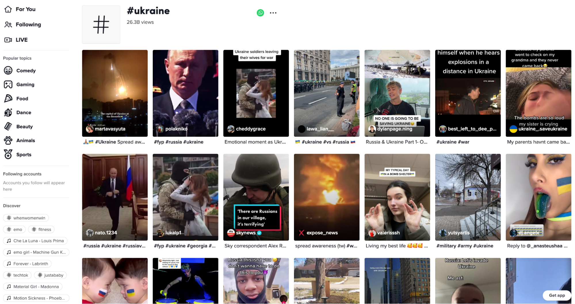 #Ukraine search page on Tik Tok
