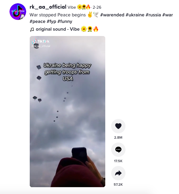 Fake TikTok video falsely claiming US troops are parachuting into Ukraine