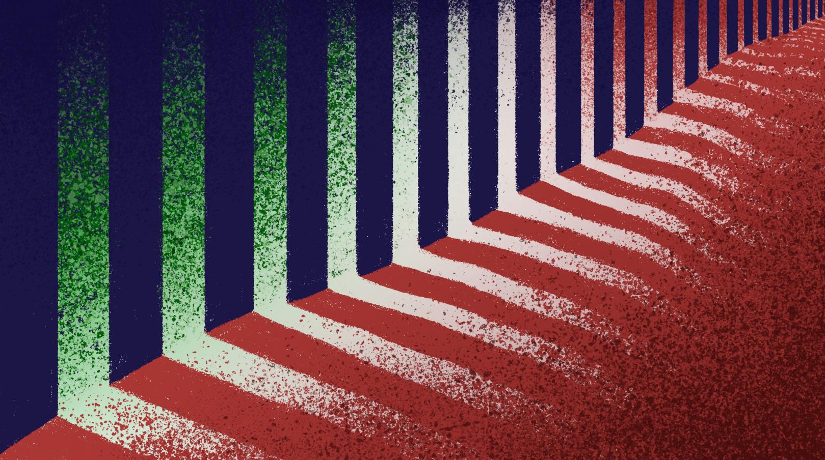Lines mimicking prison bars or stripes line up along a border, green on one side of the wall and red on the other