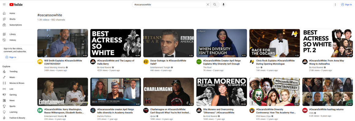 Figure 4: More than 1.3K videos have been published on YouTube across ~1000 channels using the hashtag #OscarsSoWhite. Screenshot by TaSC.