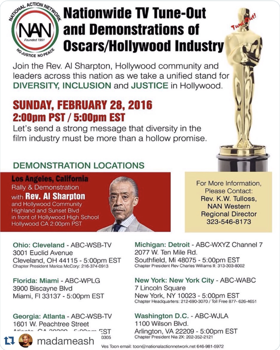 Figure 5: Boycott of the Oscars promoted by National Action Network. Credit: https://twitter.com/NationalAction/status/703583627918098432.