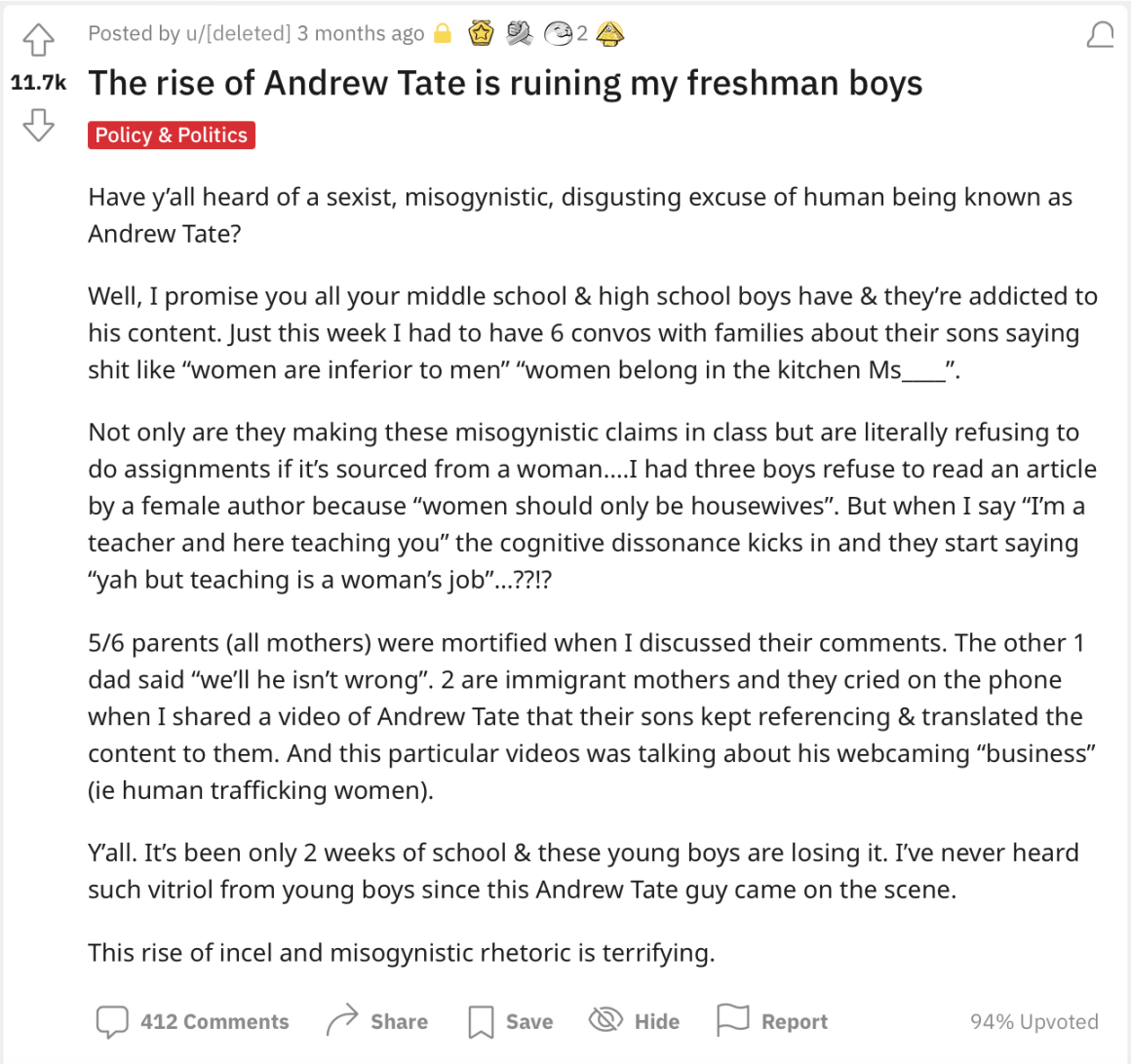 Reddit post on Andrew Tate