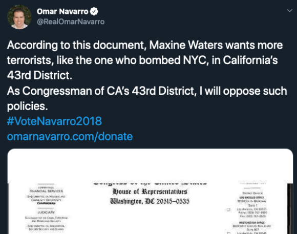 Omar Navarro's tweet claiming Waters wants more terrorists and includes a low-res image of a document allegedly showing that the congresswoman and the Council for American-Islamic Relations (CAIR) asking for a donation from OneUnited Bank to relocate 41,000 Somali refugees to her district.