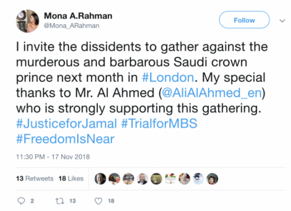 Figure 5: Tweet of persona “Mona A. Rahman” reaching out to known Saudi critic Ali Al Ahmed.