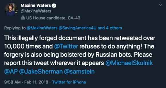 Maxine Waters's tweet condemning the forgery and asking people to report the content when they see it.