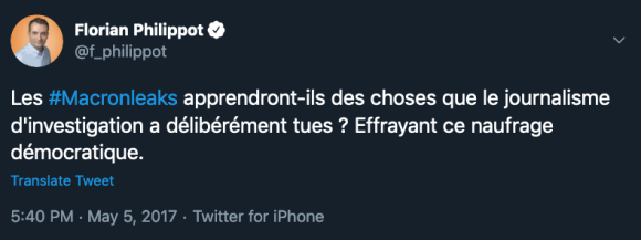 Screenshot of Florian Phillippot's tweet inquiring whether the Macron leaks would reveal something the press has been trying to hide.