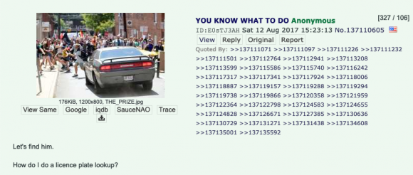 This is a screenshot of a /pol/ thread encouraging investigation of the car attack. Credit: Screenshot by TaSc.