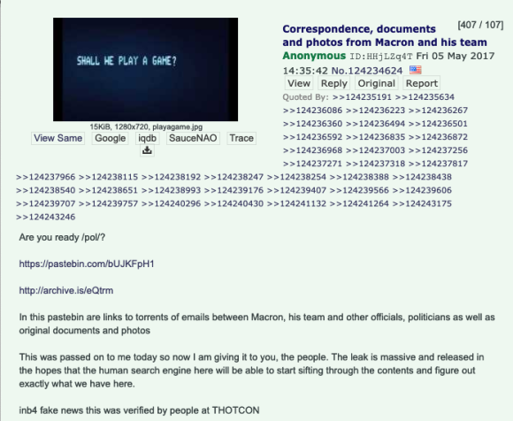 Screenshot of the 4chan post with links to leaks containing both authentic and forged information.