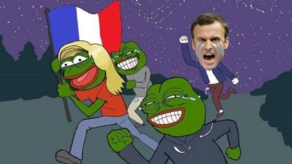 Macron chasing tearfully after pepes holding the French flag.