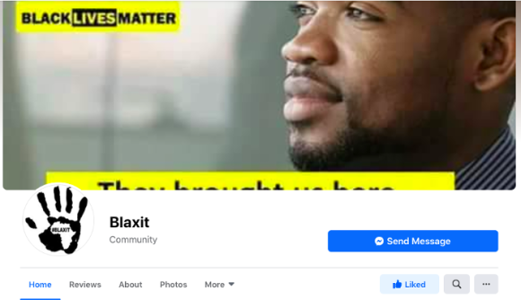 This is the “Official Blaxit “Facebook page. Credit: Screenshot by TaSC. Link: https://www.facebook.com/Blaxit-698683190342056