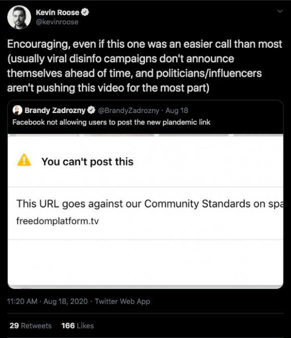 Tweet from @kevinroose saying that platform moderation of the film was encouraging but made easier by the creators' self-promotion. Credit: Screenshot by TaSC.