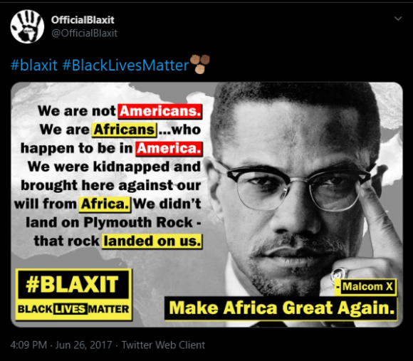 Blaxit tweet from @OfficialBlaxit. Credit: Screenshot by TaSC.