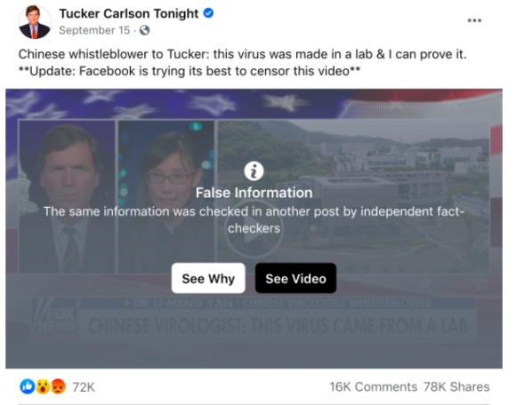 Screenshot of Tucker Carlson’s Facebook post sharing his interview with Yan. Credit: TaSC.