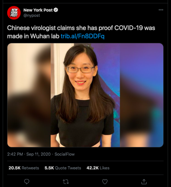 A New York Post tweet publicizing Yan’s claims days before she uploaded her preprint. Screenshot by TaSC.