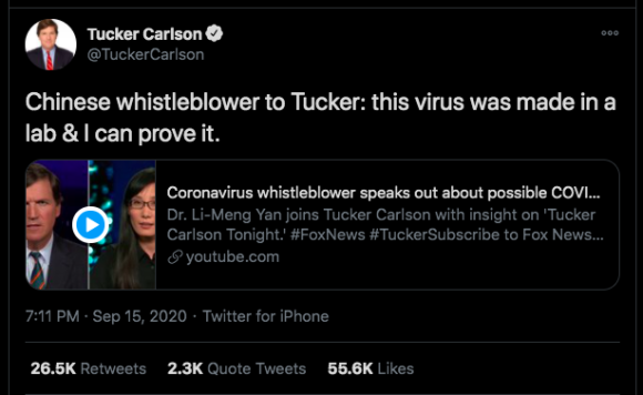 A Tucker Carlson tweet that links to a clip from his interview with Yan. Screenshot by TaSC.