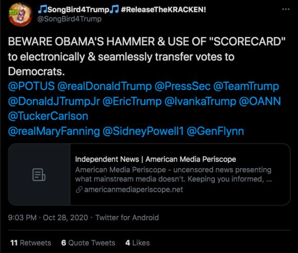 Screenshot of @SongBird4Trump’s post about the alleged use of Hammer and Scorecard by the Democratic party. Credit: TaSC.