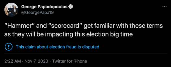 Screenshot of @GeorgePapa19’s tweet announcing that Hammer and Scorecard may impact the outcome of the 2020 presidential election. Credit: TaSC.