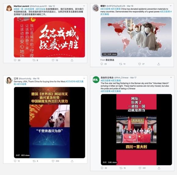 Figure 4: Coronavirus propaganda posts using hashtags commonly used by Chinese government-linked inauthentic Twitter accounts in March 2020. Credit: Allen Tan and Agnes Chan/ProPublica