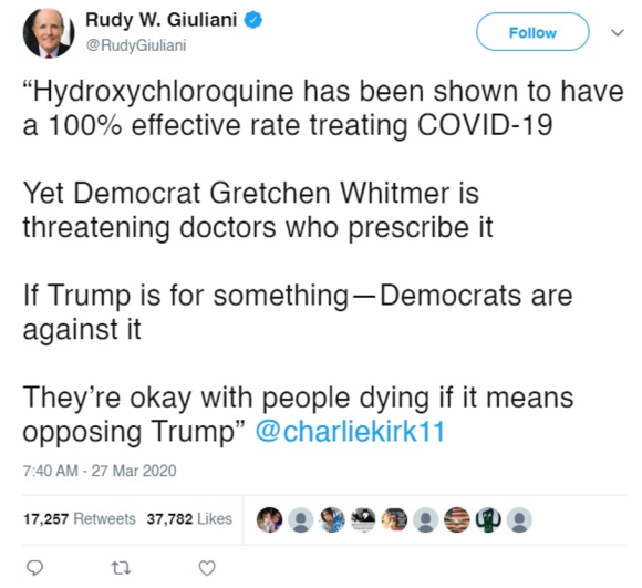 Figure 2: Screenshot of Rudy Guiliani's tweet claiming HCQ is effective. Twitter has since removed the tweet. Credit: TaSC.
