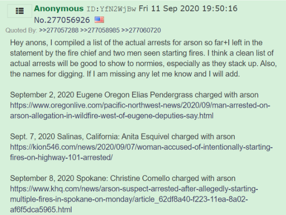 Figure 1: /pol/ research thread compiling links of news about arson arrests. Source: 4plebs, Sept 11, 2020