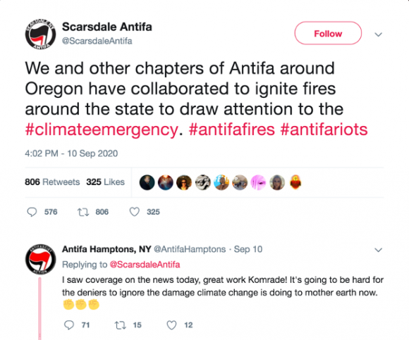 Figure 2: Fake antifa tweets claiming antifa were igniting fires. Source: Twitter, Sept 15, 2020: accessed via https://archive.ph/KOLuk