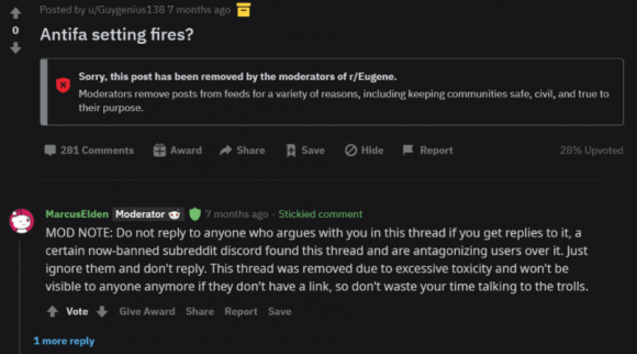 Figure 5: Stickied comment on r/Eugene thread re: antifa arson rumors. Source: Reddit, Sept 9, 2020