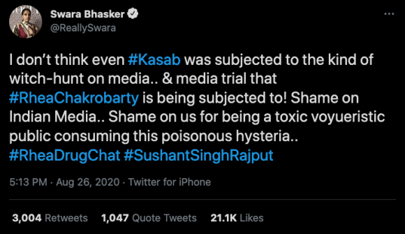 Figure 10: Swara Bhasker, a prominent Bollywood personality, shamed Indian media for targeted harassment of Chakraborty. Credit: Screenshot by TaSC.