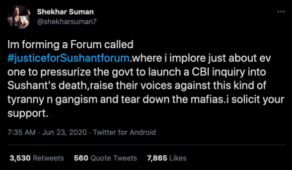 Figure 4: Indian film personality Shekhar Suman announces a #justiceforSushantforum, seeding suspicion against the suicide theory and the Mumbai Police investigation. Credit: Screenshot by TaSC.