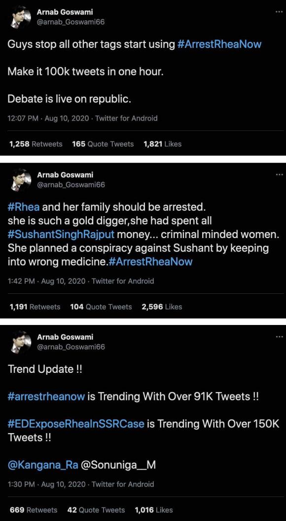Figure 8: Arnab Goswami, a prominent prime-time television news anchor and founder of RepublicTV, amplifies networked harassment of Rhea and calls for #arrestrheanow. Credit: Screenshot by TaSC.