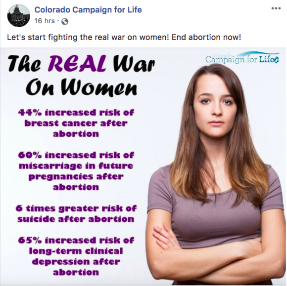 Figure 1: A Facebook post from Colorado Campaign for Life claiming the ABC link. Credit: TaSC.