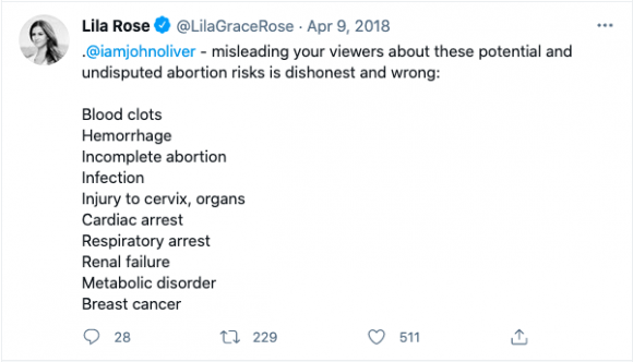 Figure 5: Influencer Lila Rose tweeting at John Oliver after he discussed abortion misinformation on his show. Credit: TaSC.