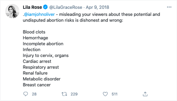 Figure 5: Influencer Lila Rose tweeting at John Oliver after he discussed abortion misinformation on his show. Credit: TaSC.