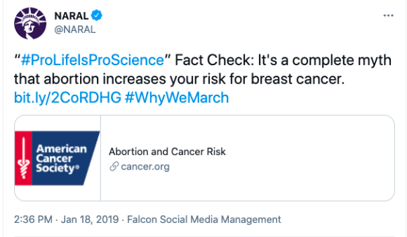 Figure 7: A NARAL tweet with an American Cancer Society link debunking medical misinformation about abortion. Credit: TaSC.