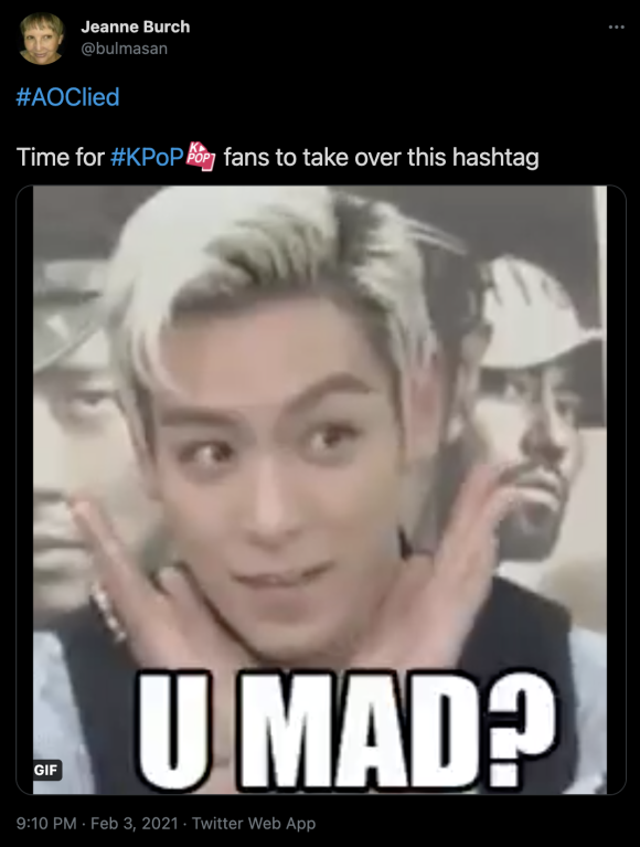 Figure 10: A tweet calling on K-Pop fans to “take over” the #AOCLied hashtag. Credit: TaSC.