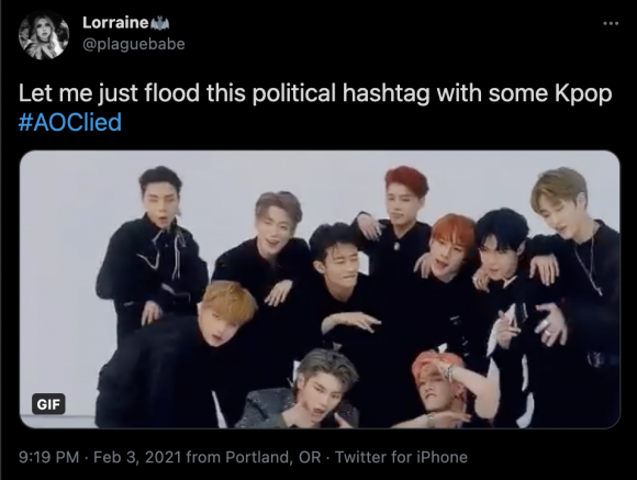 Figure 12: A tweet calling on K-Pop fans to “flood” the #AOClied hashtag. Credit: TaSC.